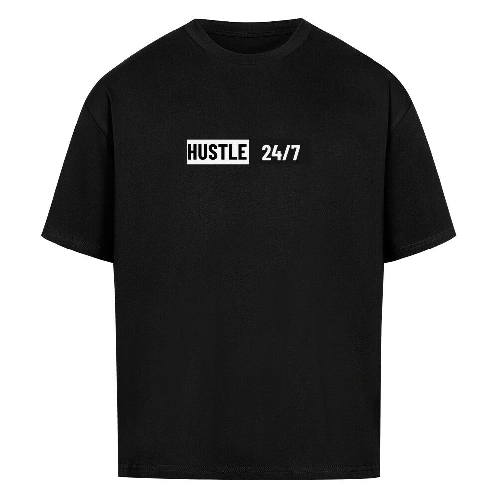 Schwarzes Oversized T-Shirt Damen/Herren mit Hustle 24/7 Motivation Print FHO