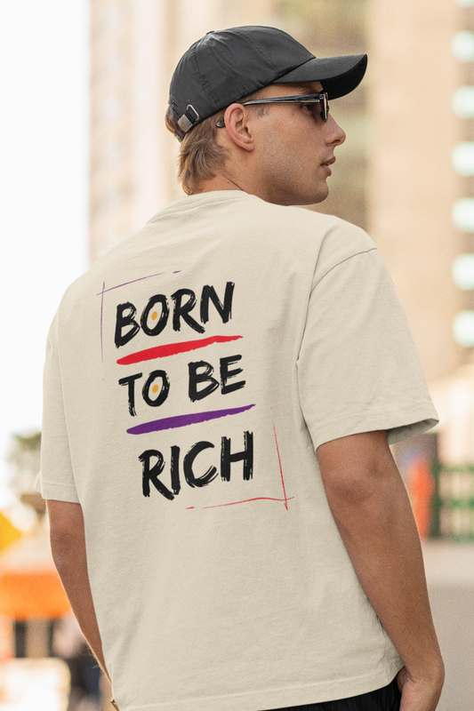 Beiges Oversized T-Shirt Damen/Herren mit Born to be rich Motivation Print FHO"