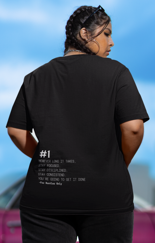 Schwarzes Oversized T-Shirt Damen/Herren mit Rule #1 Motivation Backprint FHO