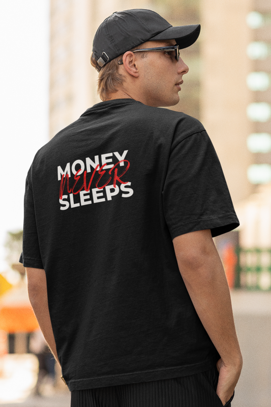 Schwarzes Oversized T-Shirt Damen/Herren mit Money never sleeps Motivation Backprint FHO