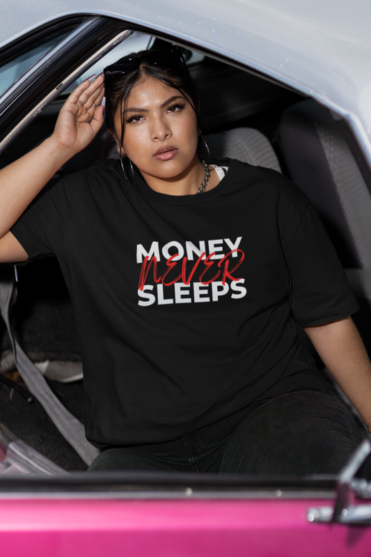 Schwarzes Oversized T-Shirt Damen/Herren mit Money never sleeps Motivation Print FHO