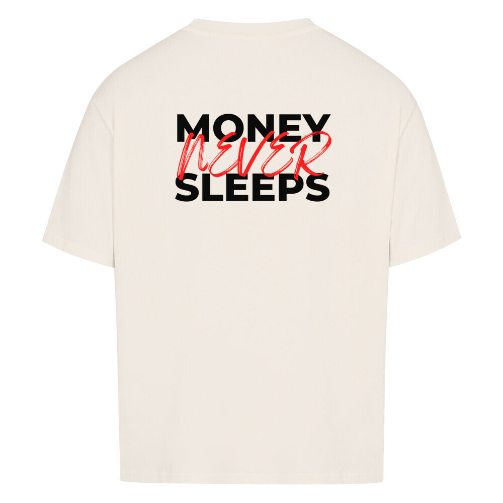 Beiges Oversized T-Shirt Damen/Herren mit Money never sleeps Motivation Backprint FHO