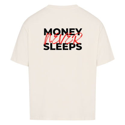 Beiges Oversized T-Shirt Damen/Herren mit Money never sleeps Motivation Backprint FHO