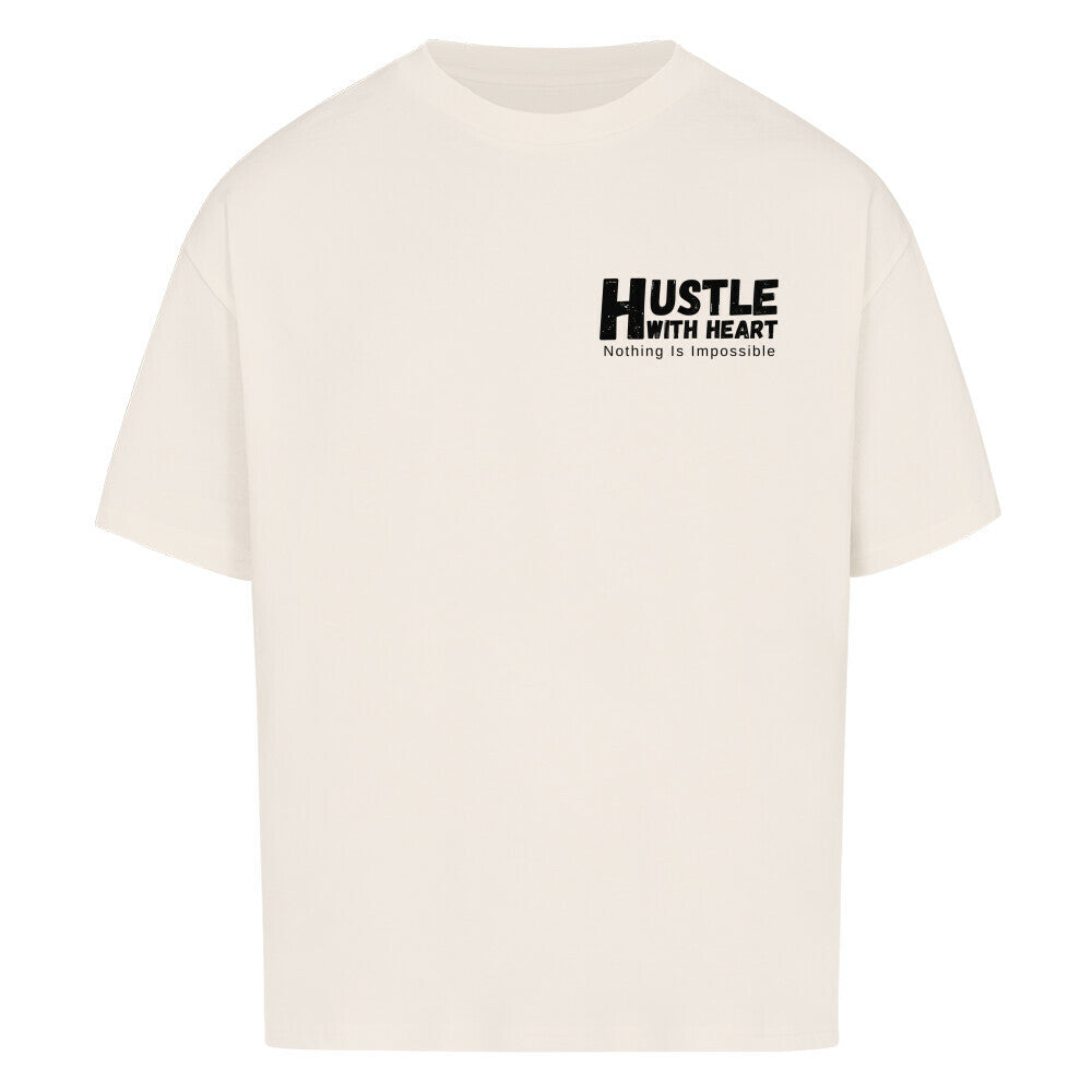 Beiges Oversized T-Shirt Damen/Herren mit Hustle with Heart Motivation Print FHO"