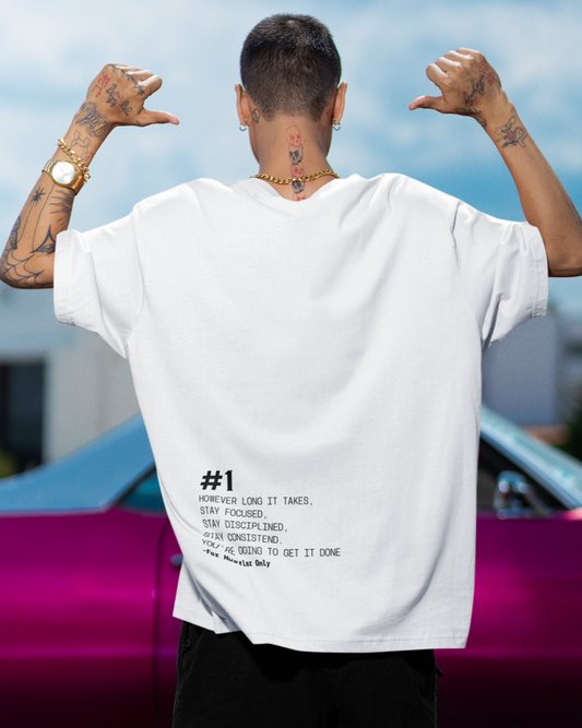 Weißes Oversized T-Shirt Damen/Herren mit Rule #1 Motivation Backprint FHO