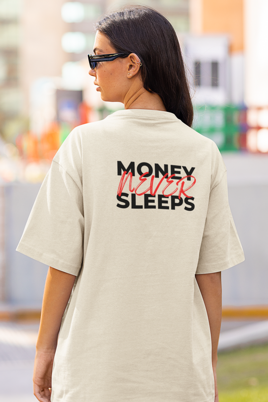 Beiges Oversized T-Shirt Damen/Herren mit Money never sleeps Motivation Backprint FHO"