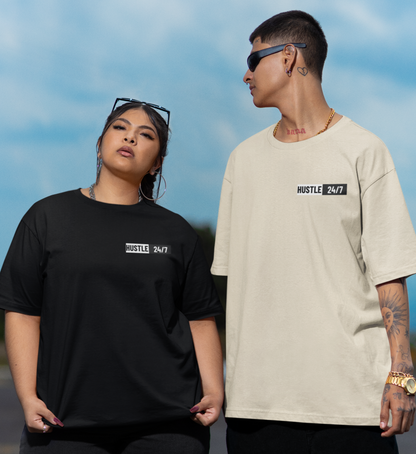 Schwarzes Oversized T-Shirt Herren Damen mit Hustle 24/7 Motivation Print FHO