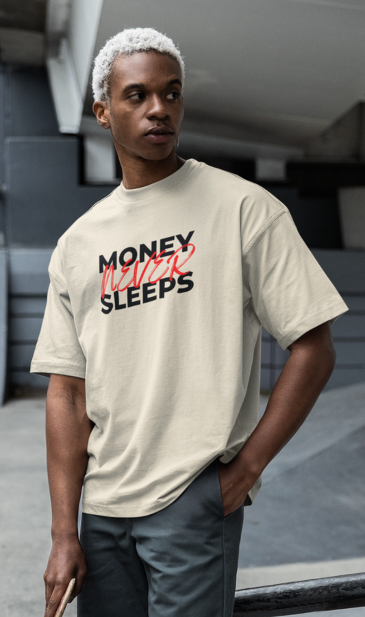 Creme Oversized T-Shirt Damen/Herren mit Money never sleeps Motivation Print FHO